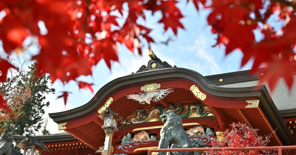 武蔵御嶽神社の階段下より本殿を望む